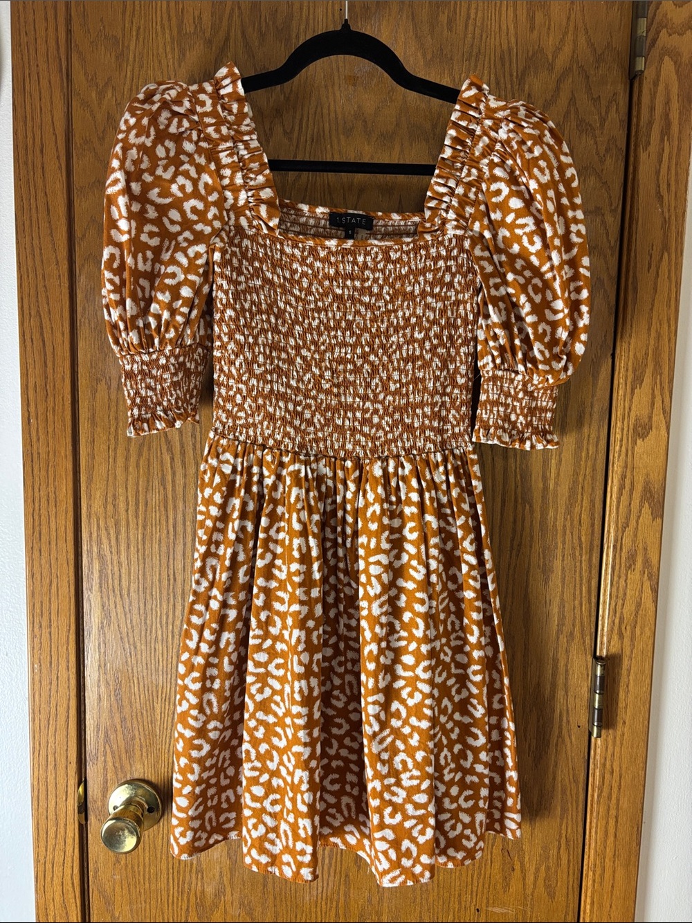 1. State Rust Animal Print Smocked Puff Sleeve Dress (S)